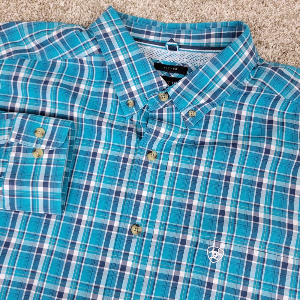 Ariat Pro Series Fitted Mens 2XL Blue Plaid Button Down Long Sleeve